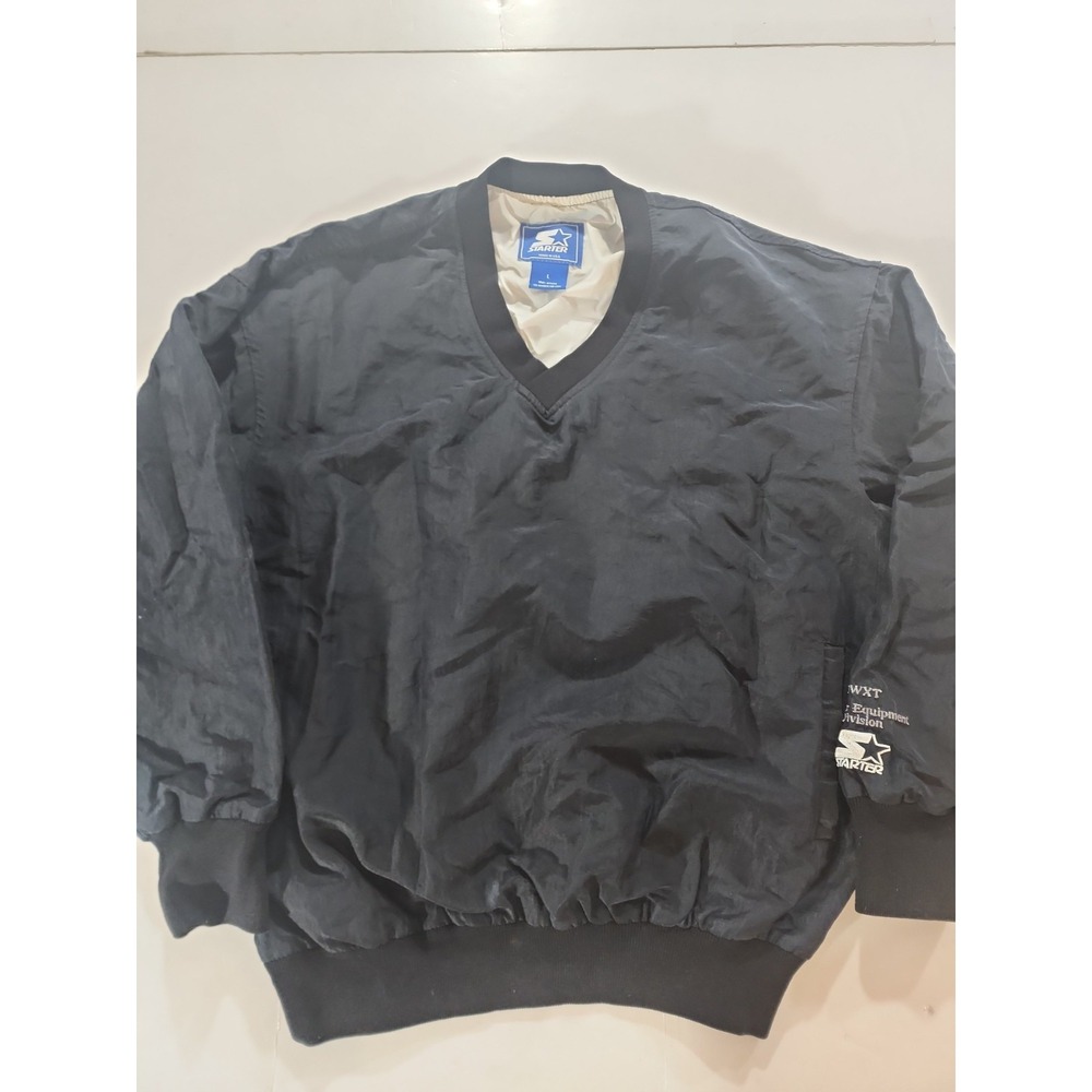 Vtg 90s Starter Pullover Jacket Mens Large Black Nylon V-Neck Windbreaker USA
